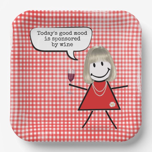 Stick Girl With Wine Glass On Gingham Paper Plate (Front)
