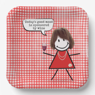 Stick Girl With Wine Glass On Gingham Paper Plate
