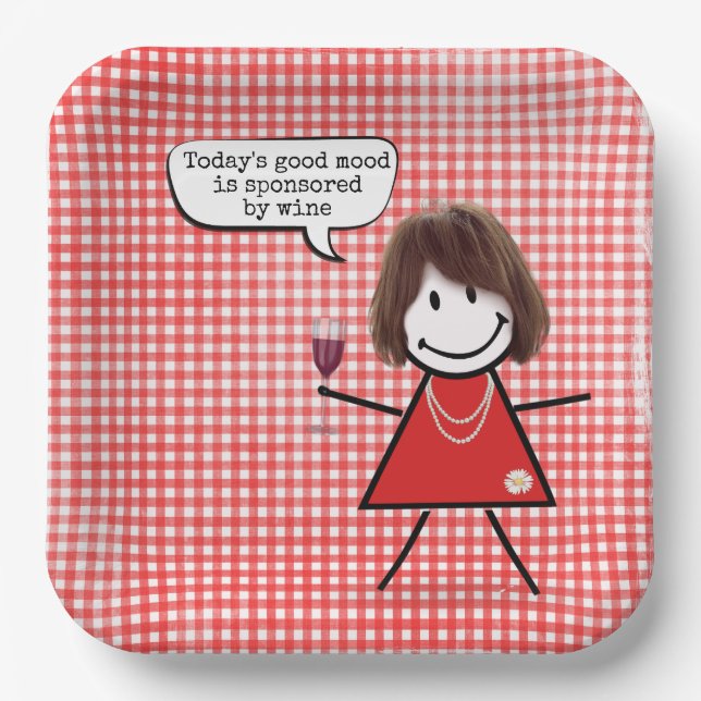 Stick Girl With Wine Glass On Gingham Paper Plate (Front)