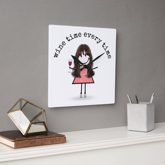 Stick Girl With Wine Glass    Square Wall Clock (Office)
