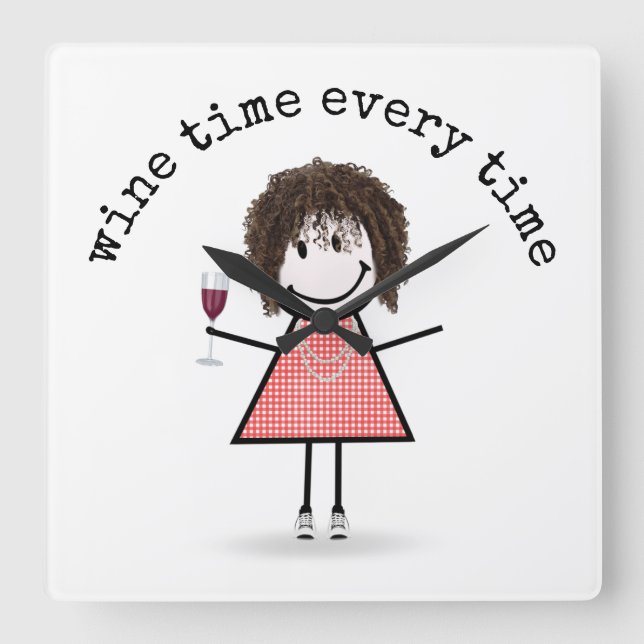 Stick Girl With Wine Glass  Square Wall Clock (Front)