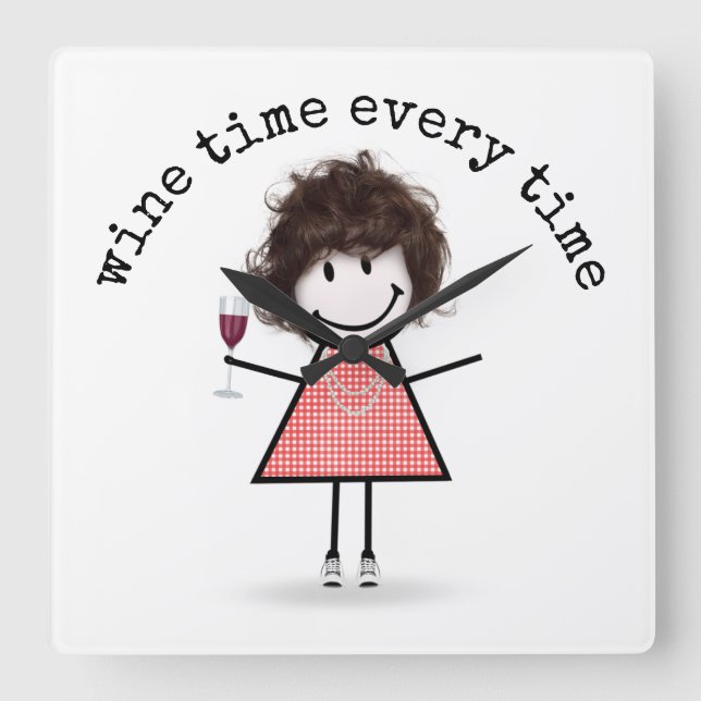 Stick Girl With Wine Glass   Square Wall Clock (Front)