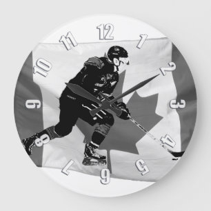 Stick Handling Ice Hockey Player and Canadian Flag Large Clock