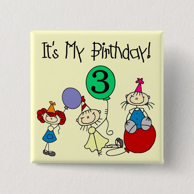 Stick Kids Party 3rd Birthday Tshirts and gifts 2 Inch Square Button (Front)