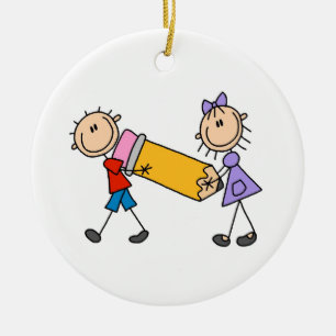 Stick Kids With Pencil Ceramic Ornament