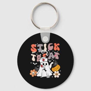 Stick Or Treat Halloween Ghost Nurse Crna Emergenc Keychain