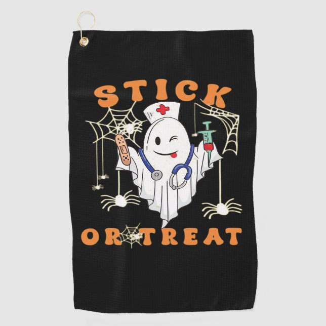Stick or Treat Nurse Spooky Nurse Costume Funny Ha Golf Towel (Front)