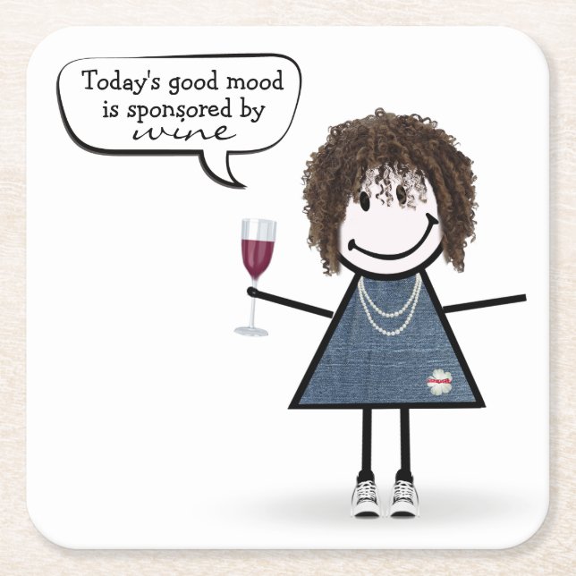 Stick Party Girl in Sneakers with Wine  Square Paper Coaster (Front)