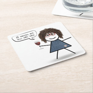 Stick Party Girl with Red Wine and Quote Square Paper Coaster