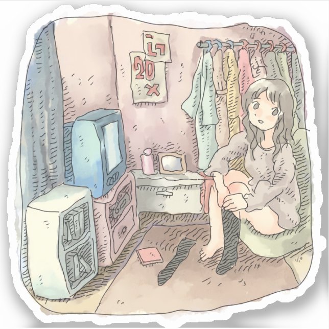 STICKER さやしくじ　衣類のかけてある部屋の座椅子に座ってテレビを見ながら靴下をはいている女性のイラスト (Devant)