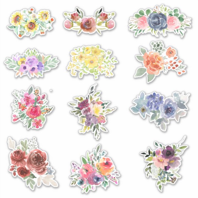 Sticker 12 Fleurs aquarelles (Devant)