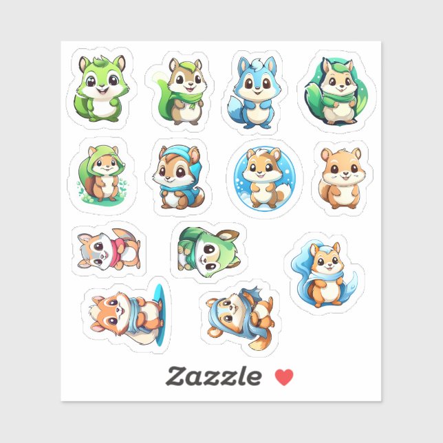 Sticker 13 Écureuils animaux adorables (Feuille)