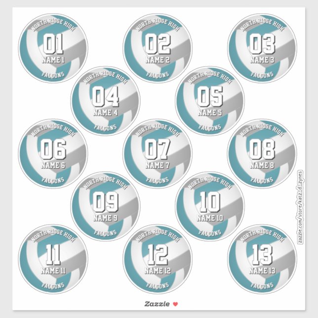 Sticker 13 joueurs de volley-ball gris turquoise couleurs (Feuille)