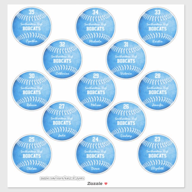 Sticker 13 noms de joueurs personnalisés bleu softballs (Feuille)