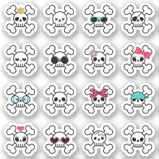 Sticker 16 Crânes de dessin mignons et Cool croisés os (Devant)