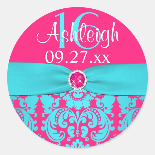 Sticker 16 Sweet 1,5" Hot Rose, Turquoise Damask S (Devant)