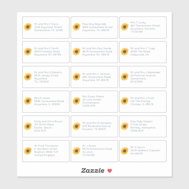 Sticker 18 Nom individuel Adresse Mariage Tournesol invité (Feuille)