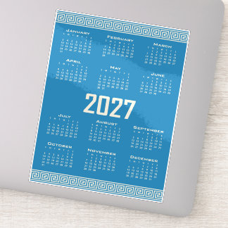 Sticker 2027 Calendar, Greek Fret, Cosmic Latte on Blue