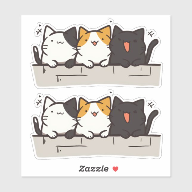 Sticker 3 Cute Happy Kawaii Chibi Chats (Feuille)
