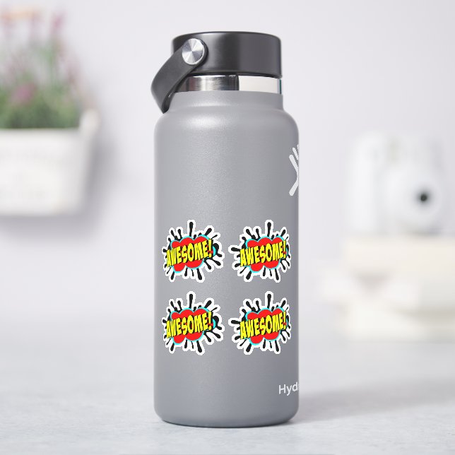 Sticker 4 x AWESOME Burst Pop Art Jaune sur Rouge 4" Vinyl (HydroFlask)