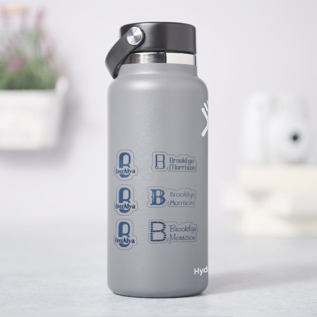 Sticker 6 étanche Monogramme bleu Nom Enfants Bouteille d' (HydroFlask)
