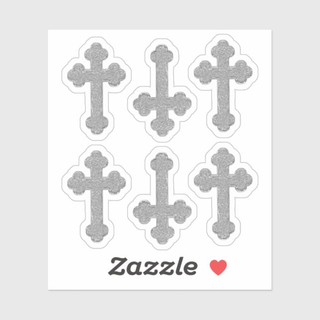 Sticker 6 Faux Métalliques Croix Argent Bouclées - Contour (Feuille)