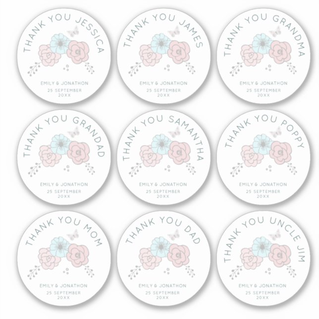 Sticker 9 Petit Nom Individuel Merci Mariage Fleur (Devant)