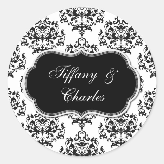 Sticker à enveloppe Mariage damassé noir et blanc (Devant)