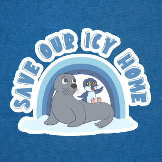 Sticker A seal and a penguin "Save Our Icy World" cartoon