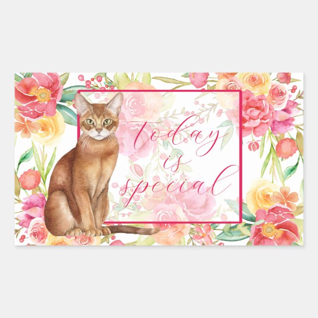 Sticker Abyssinian Chat et Fleurs Aquarelles (Devant)