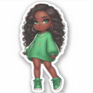 Sticker adorable chibi noir vert fille