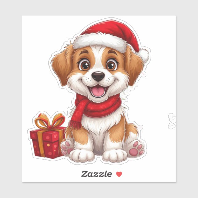 Sticker adorable chiot de Noël avec chapeau de Père Noël (Feuille)