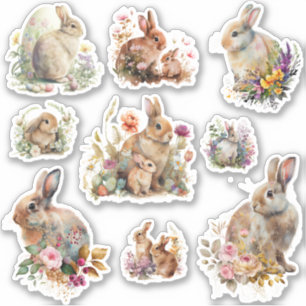 Sticker Adorable lapins de Pâques avec fleurs