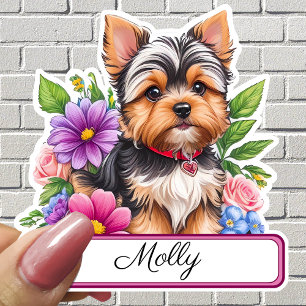 Sticker Adorable, Yorkshire & fleurs colorées personnalisé