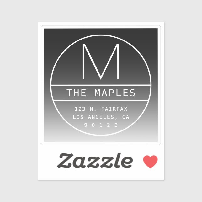 Sticker Adresse de retour moderne et monogramme | Noir dég (Feuille)