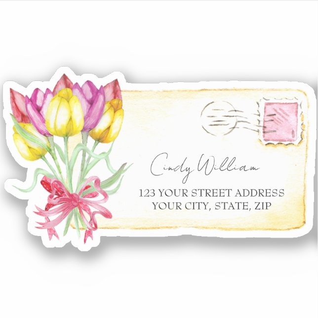 Sticker Adresse de tampon de carte postale Tulipes d'aquar (Devant)