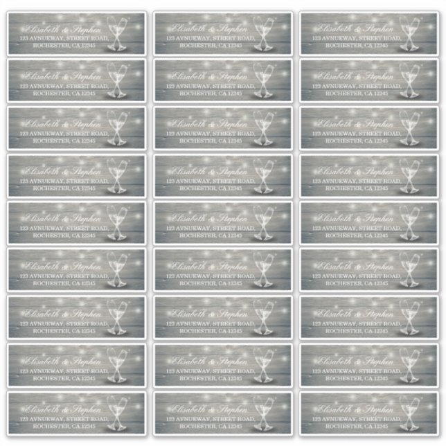 Sticker Adresse mariage Champagne Verre Bois Lumières à co (Devant)