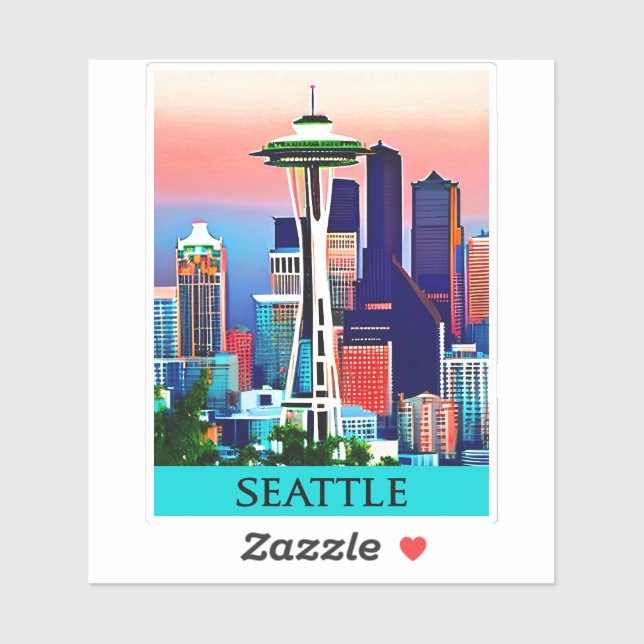 Sticker Affiche de voyage de Seattle sous un ciel d'aube (Feuille)
