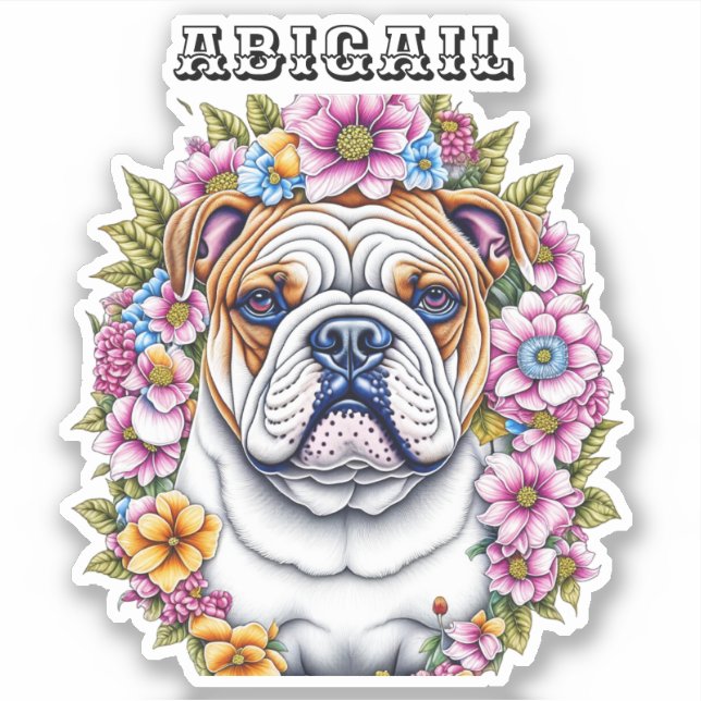 Sticker Ai Art Bulldog entouré de fleurs lunaires (Devant)