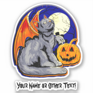 Sticker Ajouter le nom Chat Ailes Citrouille Lune Hallowee