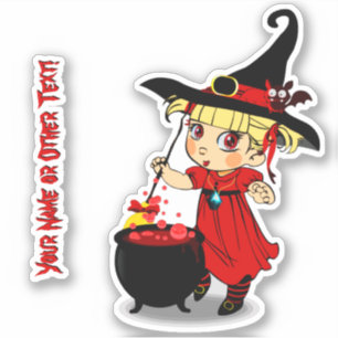 Sticker Ajouter un nom, jolie petite sorcière fille avec c