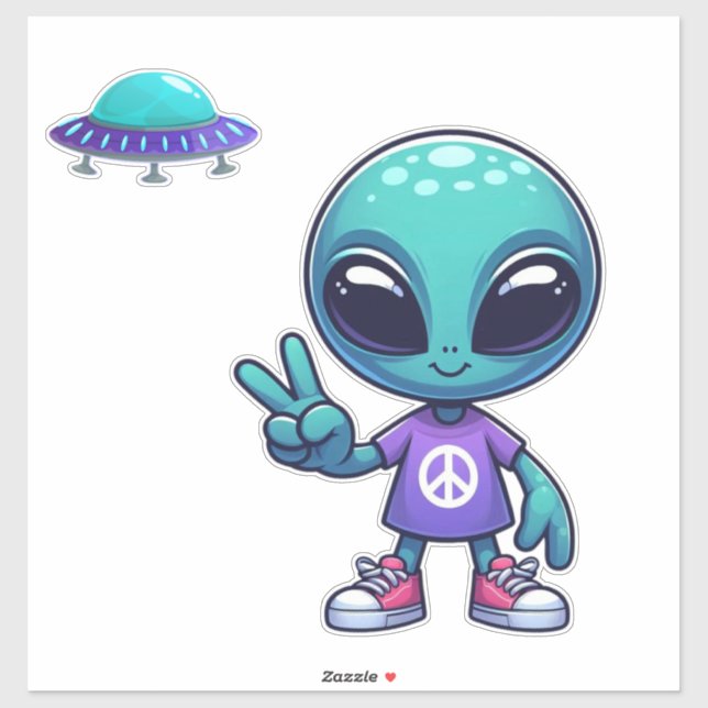 Sticker Alien de paix mignon et vaisseau spatial (Feuille)