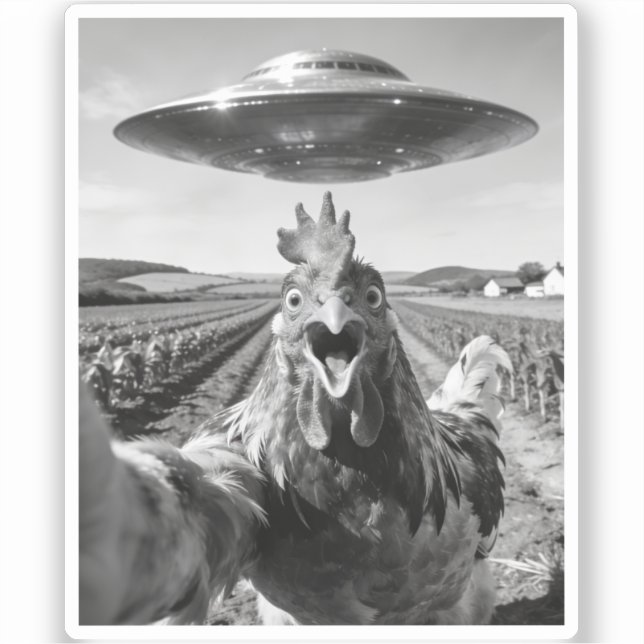 Sticker Alien UFO Chicken Art Abduction SciFi Humor (Recto)