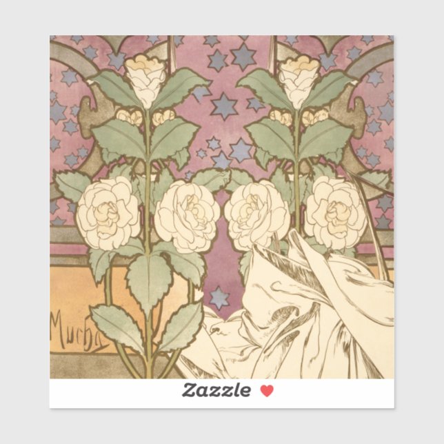 Sticker Alphonse Mucha Elegant Art Nouveau Stars Camellia  (Feuille)