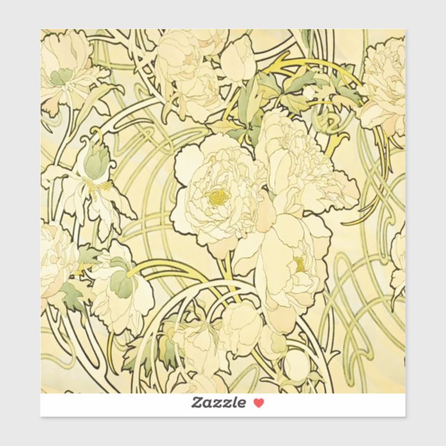 Sticker Alphonse Mucha Pivoines Motif Floral Art Nouveau (Feuille)