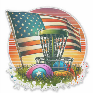 Sticker American Flag Disk Golf Vintage Sun