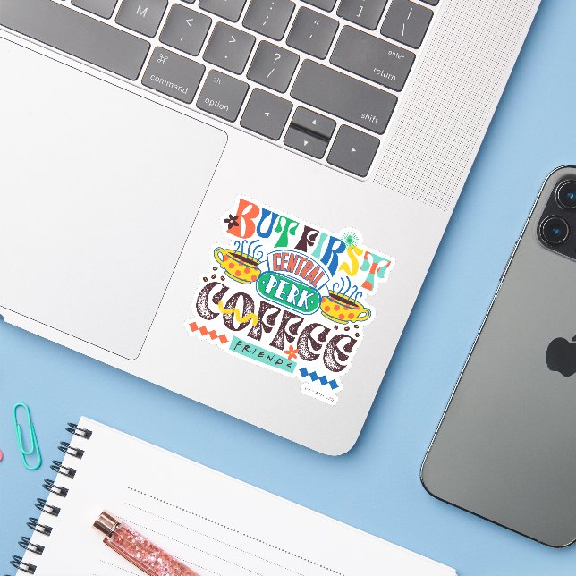 Sticker AMIS™ | Mais Premier café Vibrant Graphisme (Ordinateur portable avec iPhone)