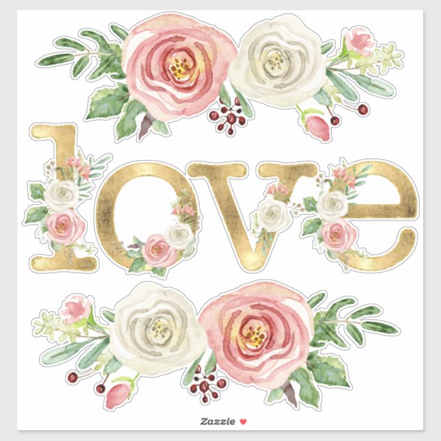 Sticker Amour Mariage Lune de miel Aquarelle Floral w Or (Feuille)