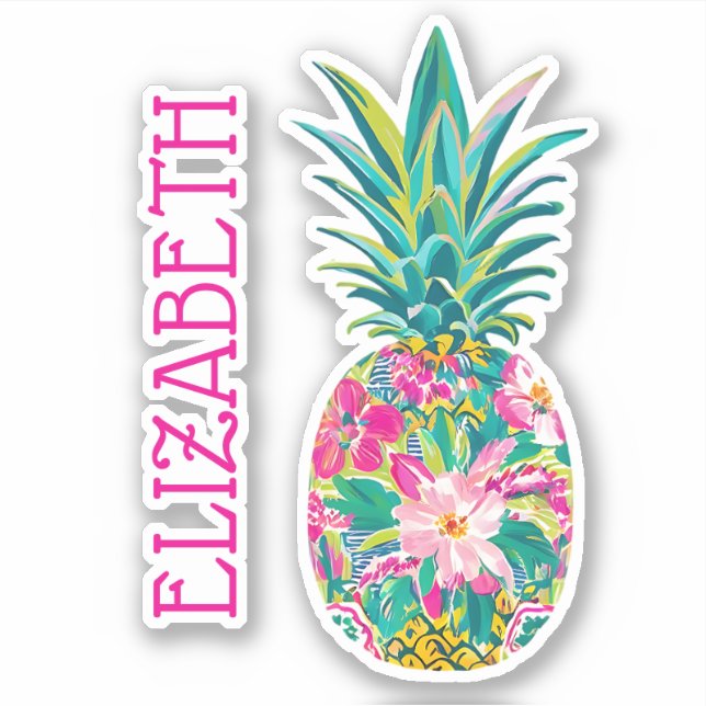 Sticker Ananas tropical rose et vert (Devant)