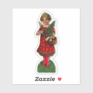 Sticker Ange de Noël Vintage Fille Victorienne Robe Rouge